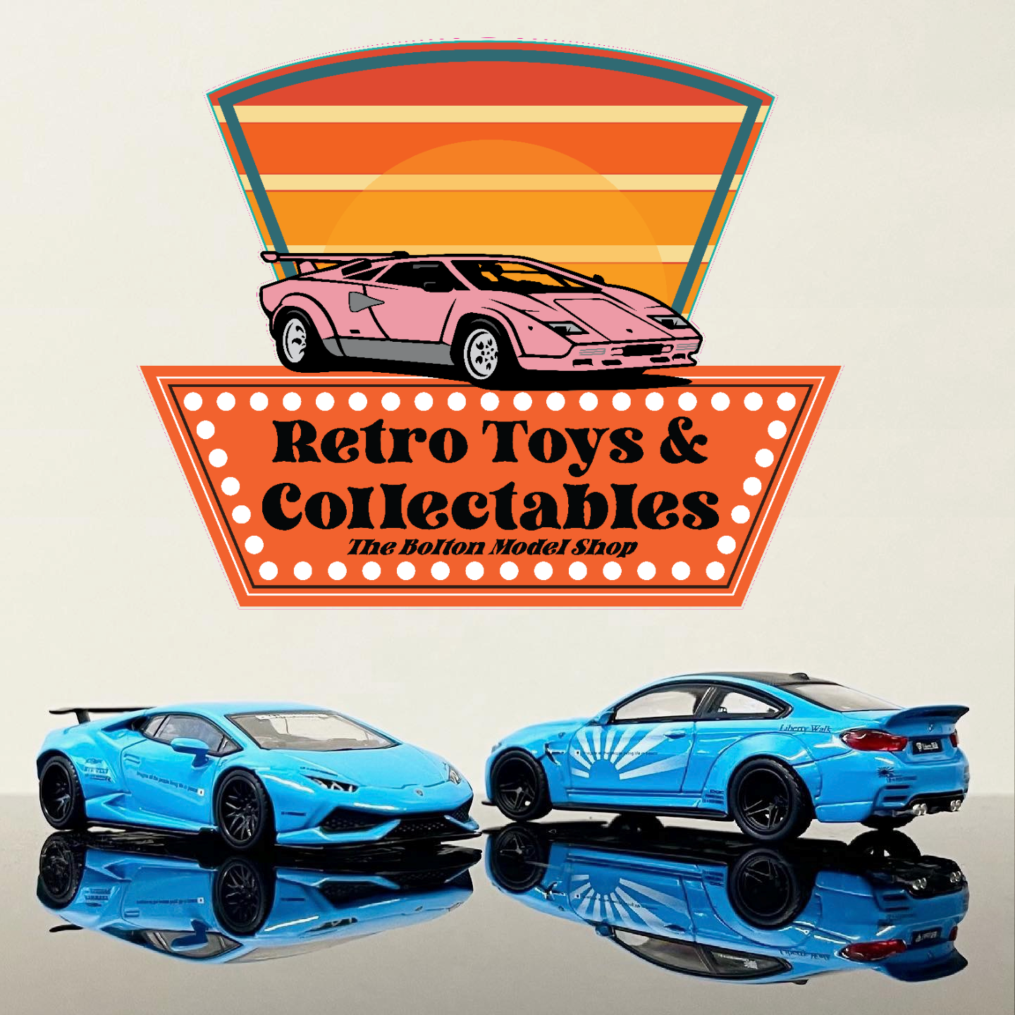 Retro Toys and Collectables sign above two blue collector model cars
