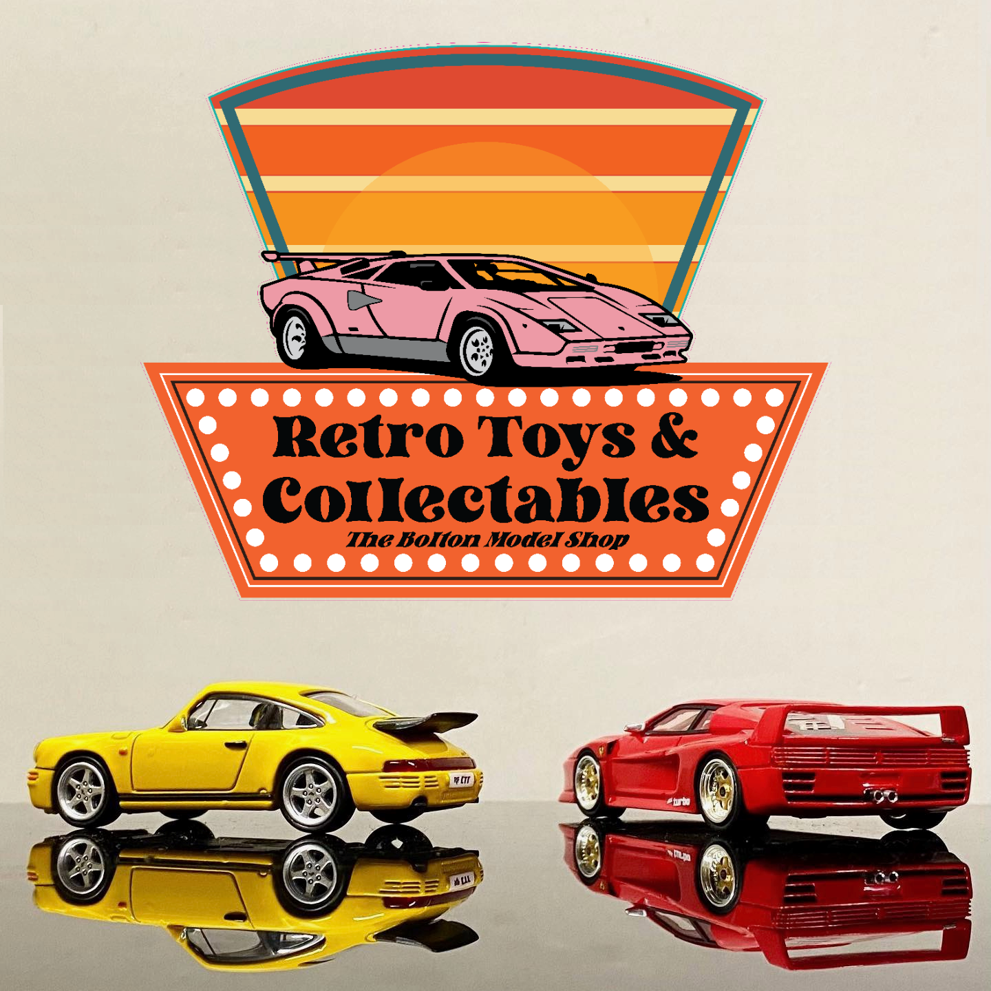 Retro Toys and Collectables sign above yellow and red diecast model cars