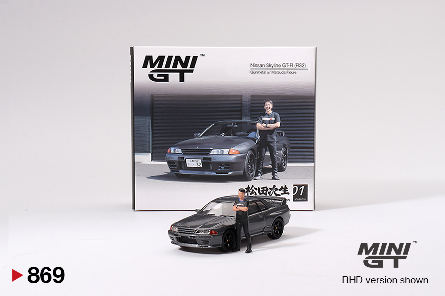 Truescale (TSM) Mini GT 869 1:64 Nissan Skyline GT-R (R32) Gunmetal W/ Matsuda Figure Tsugio Matsuda Collection