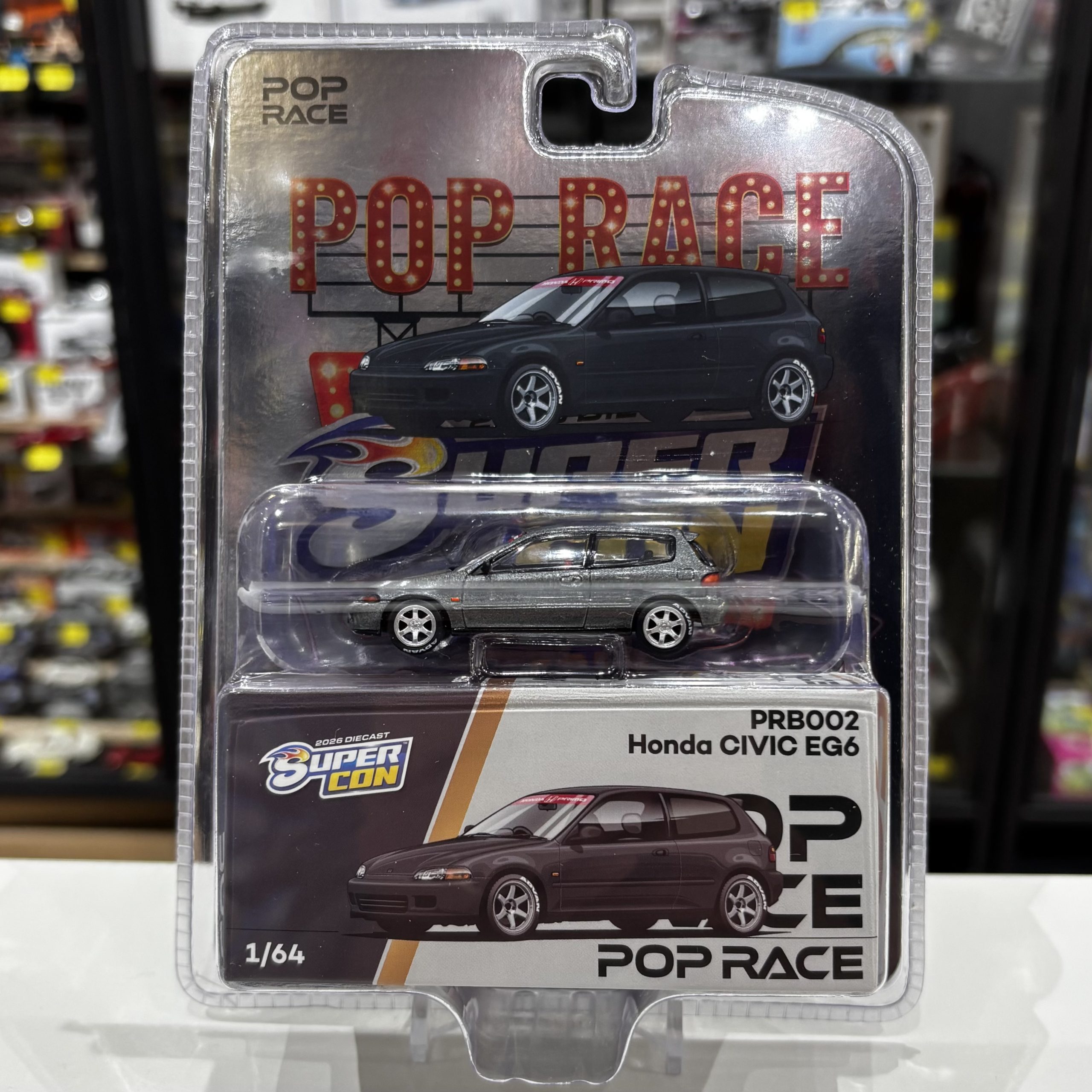 Pop Race PRB002 1:64 Honda Civic EG6 metallic grey Las Vegas Super Con